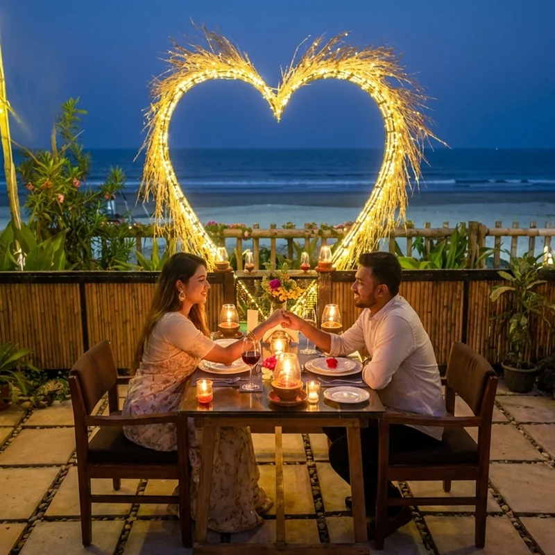 A couple dining beneath a heart-shaped light arch at Sea Mount Beach Café