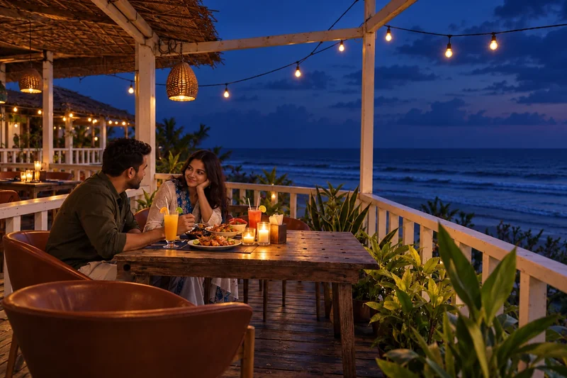 Couple enjoying a candlelit dinner overlooking the sea