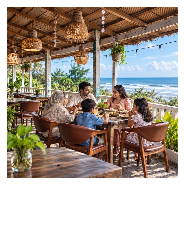 Family sharing lunch at the sea-view café