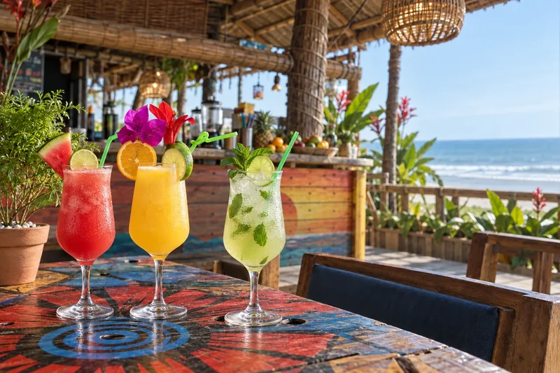 Three fresh mocktails at the sea-view juice bar