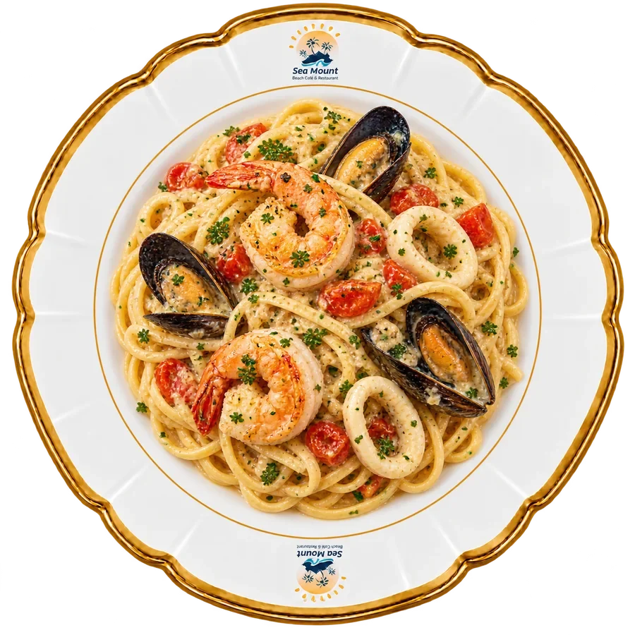 Seafood spaghetti with prawns, mussels and calamari at Sea Mount Beach Café