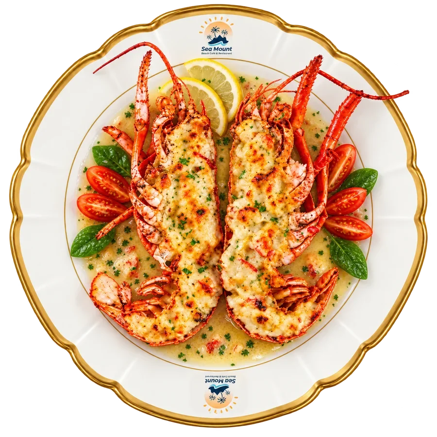 Lobster Thermidor with lemon and cherry tomatoes at Sea Mount Beach Café