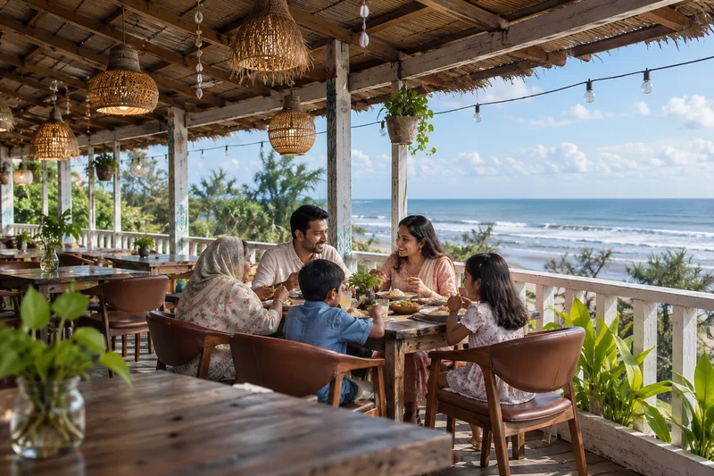 Family sharing lunch with a sea view
